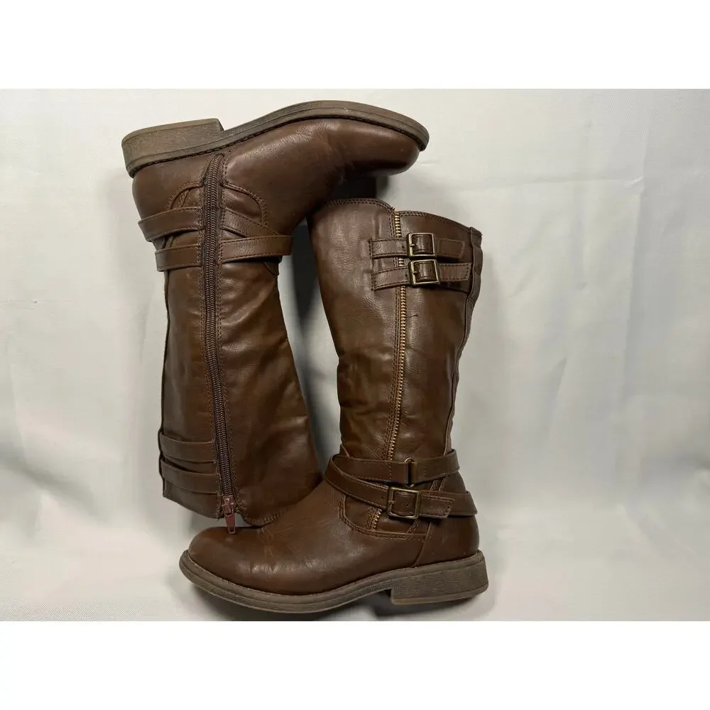 Dream Pairs Women's Brown Riding Boots Double Buckle Side Zip Size US 2 EU 33